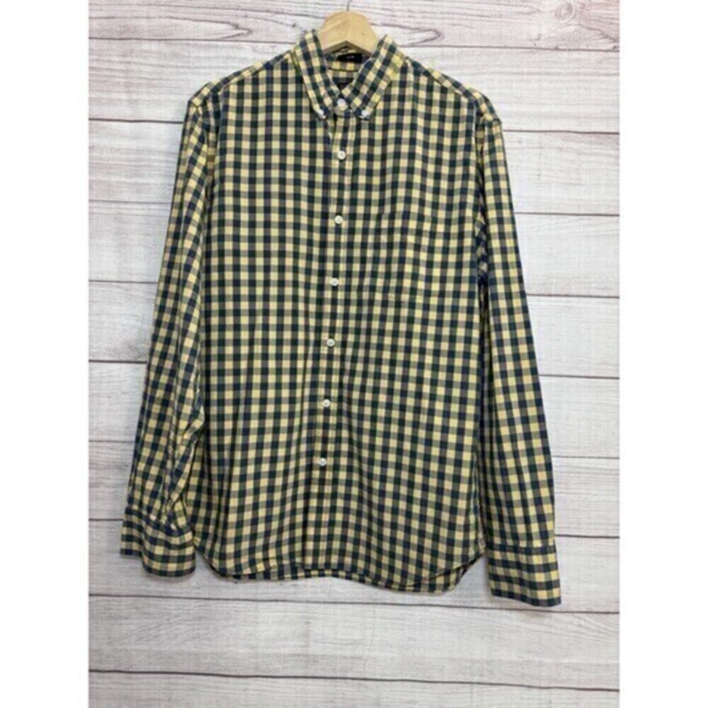 J Crew Shirt Men Turmeric Navy Mercantile Slim Flex Washed Gingham Button Down M